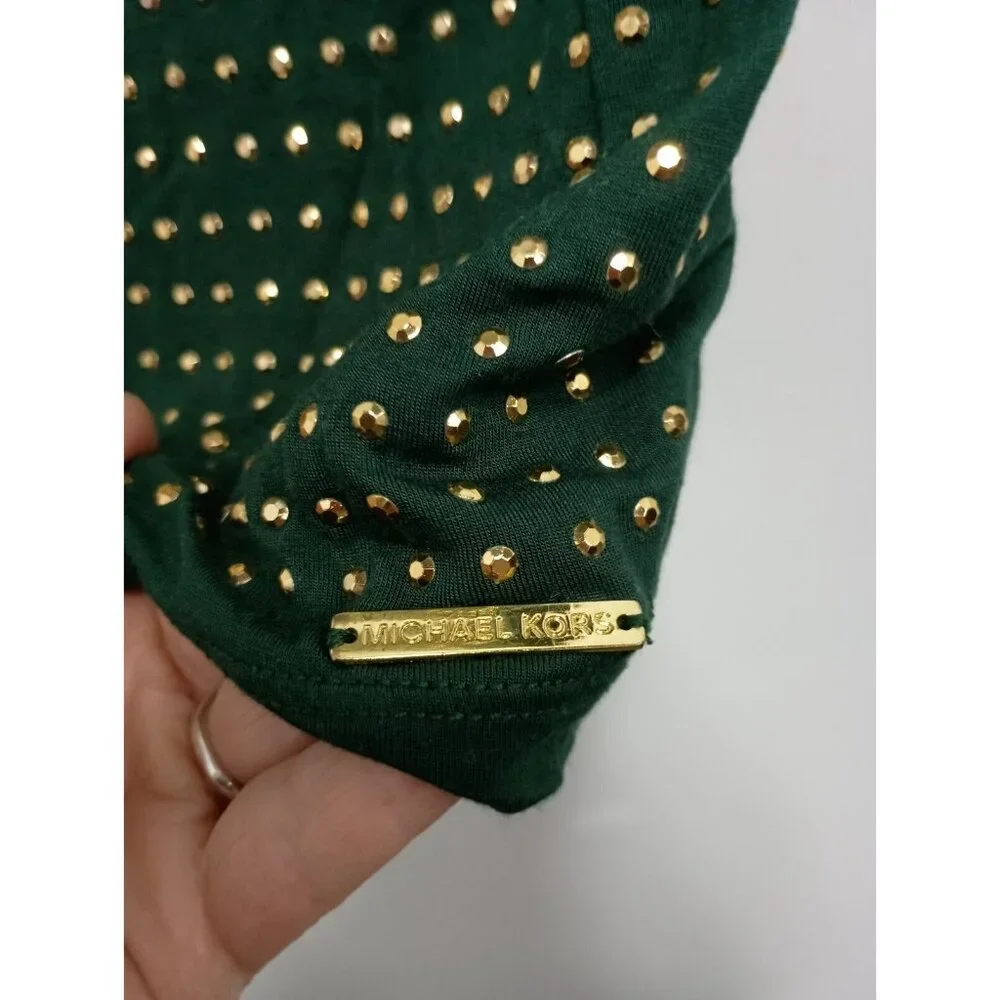 Michael Michael Kors Womens Top Large Green Gold Studded Short Sleeve Pocket Tee